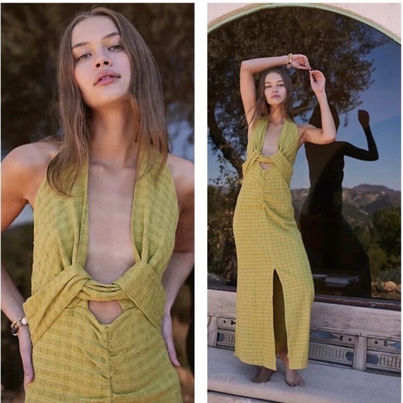 Free People Dresses & Skirts - New Free People Nya Halter Maxi Dress Lime Green Twist Cut Out Linen Sz S